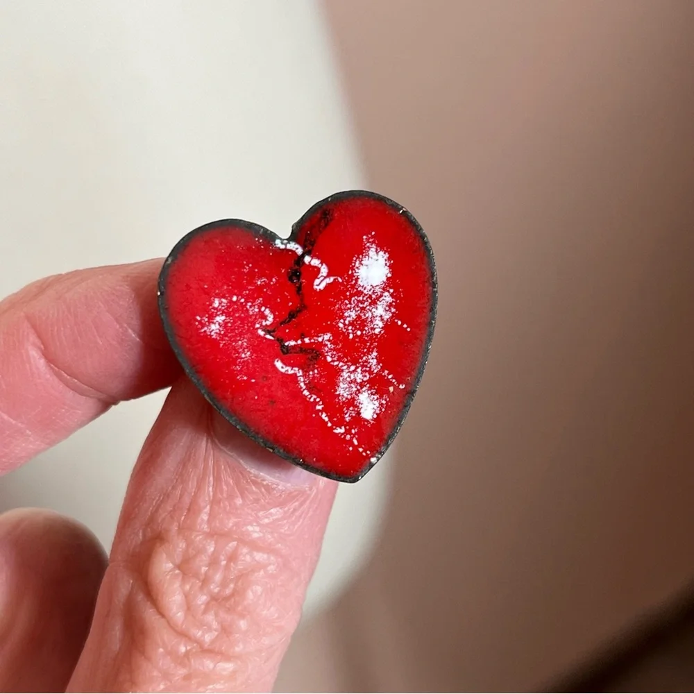 Vintage 1960 70 MCM modernist  Red Enamel Broken Heart copper Goth Brooch Pin